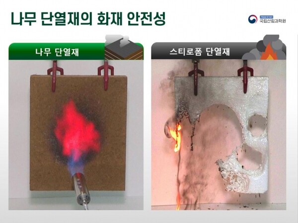 나무 단열재의 화재 안정성 시험 모습
