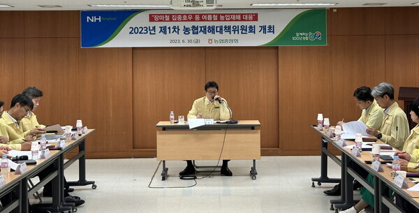 이재식 농협중앙회 부회장(가운데) 및 범농협재해대책위원회 부서장위원 등 20여명은 30일 서울 중구 농협중앙회 본관에서 '범농협 재해대책위원회'에 참석했다.(농협 제공)