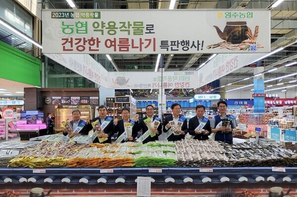 농협경제지주는 6일 서울 서초구 농협하나로마트 양재점에서 '국산 약용작물 특별할인기획전 기념행사'를 열고 인기 약용작물 특판전과 시음행사를 실시했다.( 왼쪽부터 김병두 태백농협 조합장, 남정순 영주농협 조합장, 전영득 정선농협 조합장, 염기동 농협경제지주 산지도매본부장, 김태룡 농협유통 전무이사, 정창윤 농협경제지주 농산물도매부장, 김태완 농협유통 양재지사장 )