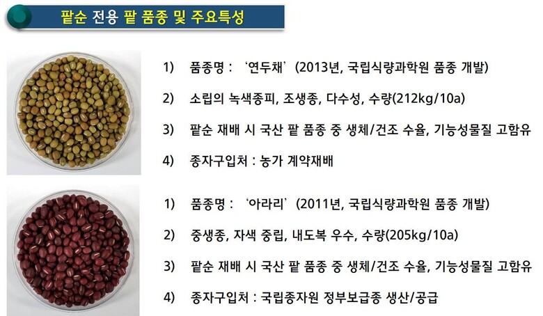 팥순 전용 팥 품종 및 주요특성 (농촌진흥청 제공)