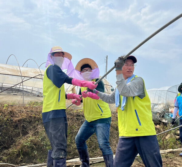 김익수 NH농협금융지주 경영기획부문 부사장(오른쪽)과 봉사단원들이 수해 피해 농가에서 복구 작업을 하고 있다.(NH농협금융지주 제공)