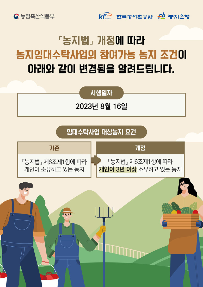 임대수탁사업 대상농지 요건 변경안내 포스터 (한국농어촌공사 제공)