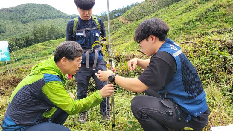 산림순환경영 현장 지주대 설치 체험(남부지방산림청 제공)