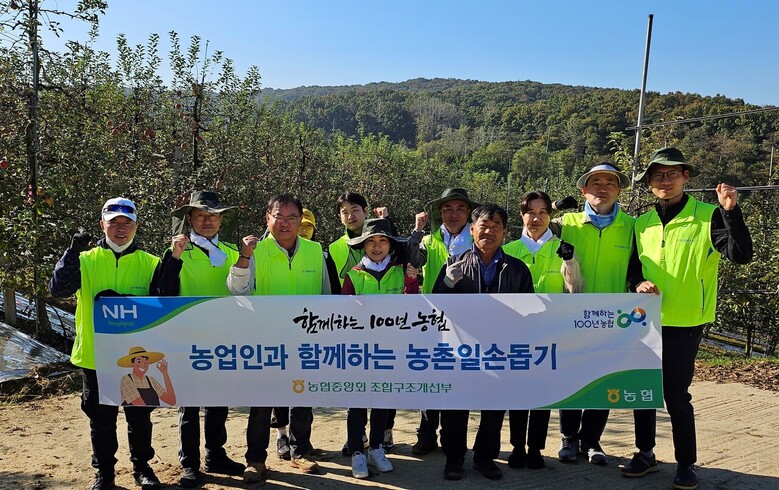 정동화 조합구조개선부장 및 농협 직원은 17일 경기 파주시 소재 농가를 방문해 일손돕기를 실시하고 기념촬영하고 있다.(농협 제공)