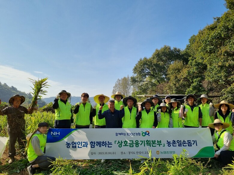 서국동 농협 상호금융기획본부장(맨 앞줄 왼쪽에서 두 번째) 및 윤홍선 고삼농협 조합장(맨 앞줄 왼쪽에서 첫 번째)이 일손 돕기에 앞서 기념촬영을 하고 있다.(농협 제공)