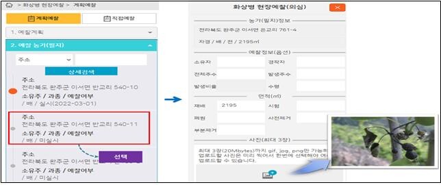 과수화상병 현장 관리화면 '모바일'(농진청 제공)