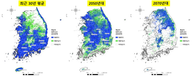 복숭아 재배지 변동 예측도(농진청 제공)