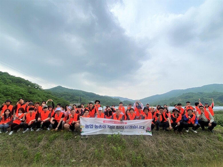 농정원 임직원 60여 명이 농촌 일손돕기 사회공헌활동에 참여했다.(농림수산식품교육문화정보원 제공)