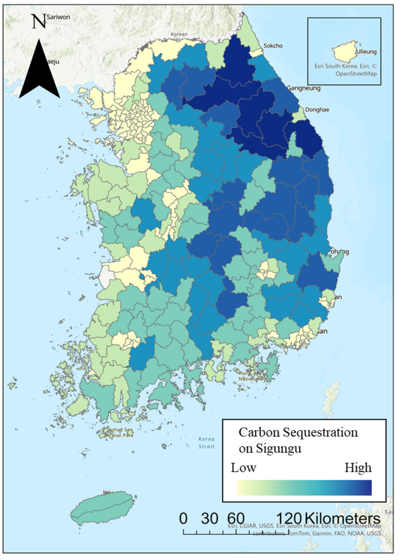 산림탄소흡수지도 완성(한국임업진흥원 제공)