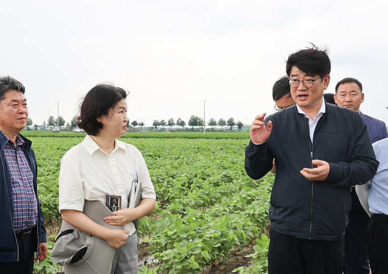 농촌진흥청 권재한 청장이 논콩 생육 및 땅속 배수 기술 현장 점검을 하고 있다.