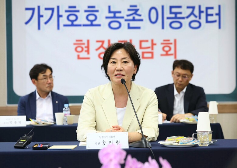 농식품부 송미령 장관이 29일 전남 영광에서 열린 '가가호호 농촌 이동장터' 현장간담회에서 발언하고 있다.