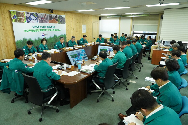 임상섭 산림청장이 30일 정부대전청사 상황실에서 소나무재선충병 방제 대책회의를 주재하고 있다.(산림청 제공)
