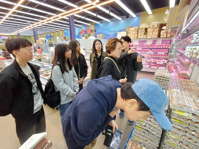 계란 이력제 역추적 견학에 참여한 축산유통 국민기자단이 ‘축산물 이력정보 앱’에 접속하여 계란 이력번호로 정보를 조회하고 있다.