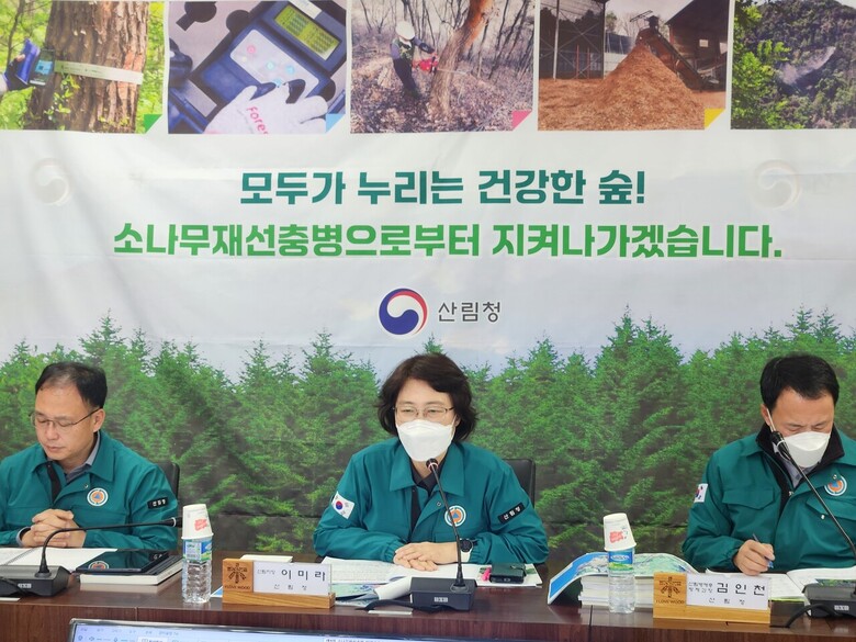 이미라 산림청 차장(가운데)이 정부대전청사 상황실에서 소나무재선충병 방제 대책회의를 주재하고 있다.(산림청 제공)