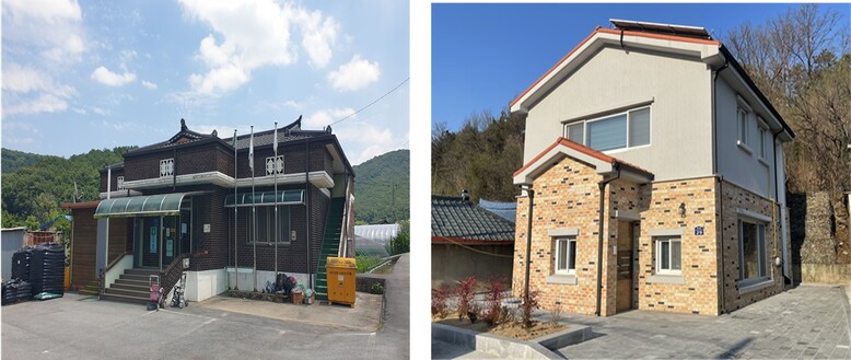 기존 마을회관(좌)은 고령자에게 위험한 출입·내부환경, 낮은 공간 활용성과 에너지 효율로 이용이 불편했다. 앞으로는 바닥과 출입문 간 높낮이를 없애고 태양광 패널을 설치하는 등(우) 마을회관 이용 편의성을 확대하게 된다.
