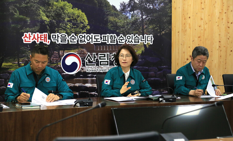  이미라 산림청 차장(가운데)이 12일 산림청에서 호우대비 산사태 예방·대응 점검 회의를 주재하고 있다.(산림청 제공)
